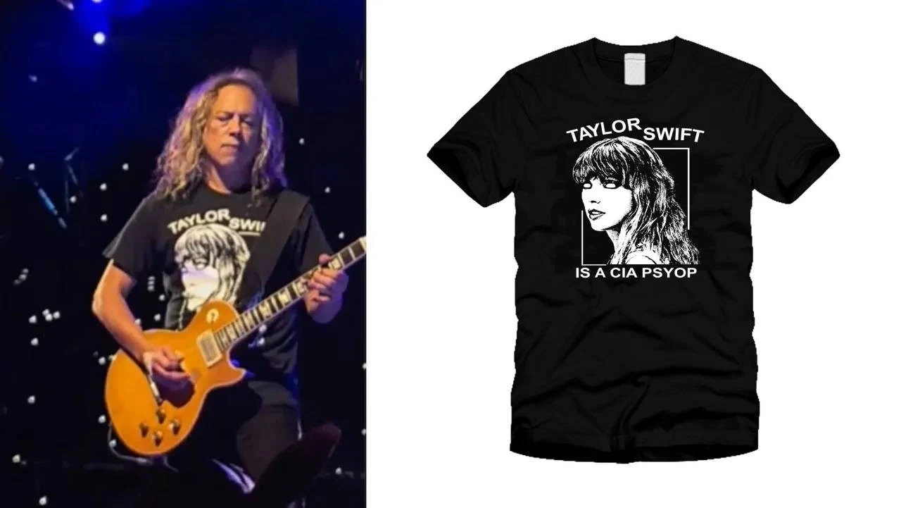 Photo of Metallica guitarist Kirk Hammett on stage wearing a “Taylor Swift is a CIA psyop” T-shirt, beside a product photo of the shirt.